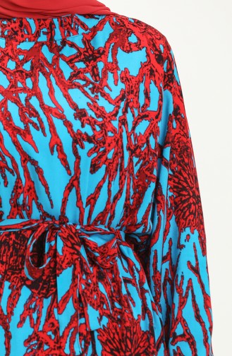 Büyük Beden Desenli Kuşaklı Elbise 0047-01 Mavi Kırmızı