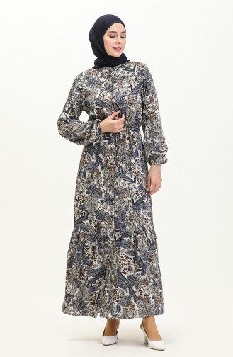 Patterned Viscose Dress 0048-03 Navy Blue 0048-03