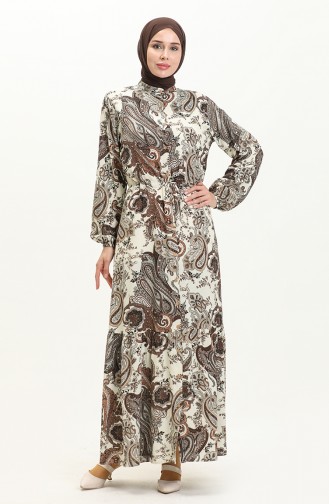 Printed Shirred Viscose Dress 0049-01 Brown 0049-01