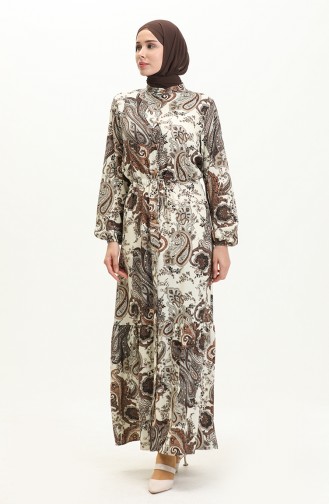 Printed Shirred Viscose Dress 0049-01 Brown 0049-01