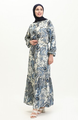 Gemustertes gerafftes Viskosekleid 0049-03 Indigo 0049-03