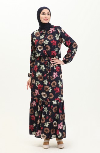 Floral Print Viscose Dress 0051-01 Navy Blue 0051-01