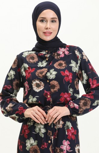 Floral Print Viscose Dress 0051-01 Navy Blue 0051-01