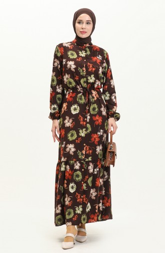 Floral Print Viscose Dress 0051-02 Brown 0051-02