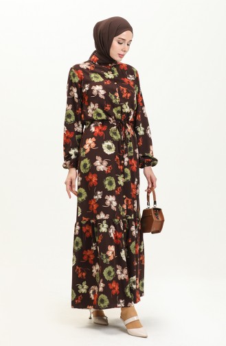 Floral Print Viscose Dress 0051-02 Brown 0051-02