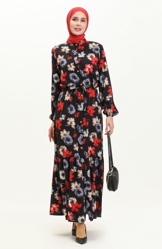 Floral Print Viscose Dress 0051-03 Black 0051-03