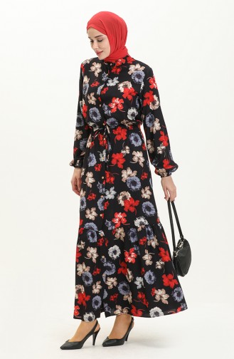 Floral Print Viscose Dress 0051-03 Black 0051-03