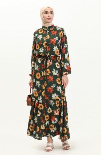 فستان فيسكوز بنقش أزهار 0051-04 أخضر زمردي 0051-04