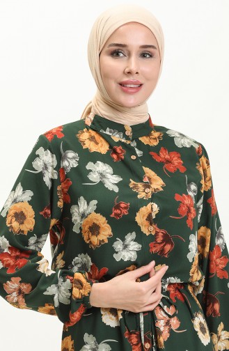 فستان فيسكوز بنقش أزهار 0051-04 أخضر زمردي 0051-04