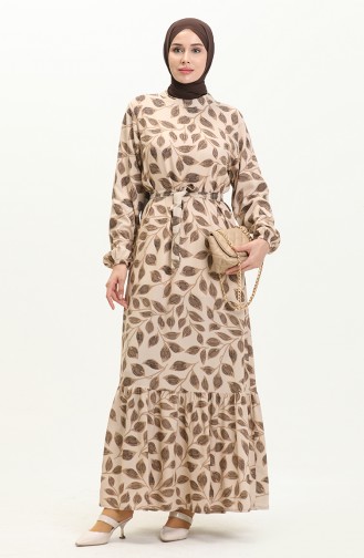 Leaf Print Belted Dress 0053-01 Mink 0053-01