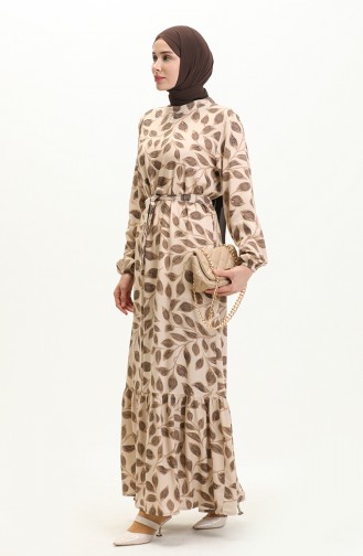 Blattgemustertes Kleid mit Gürtel 0053-01 Nerz 0053-01