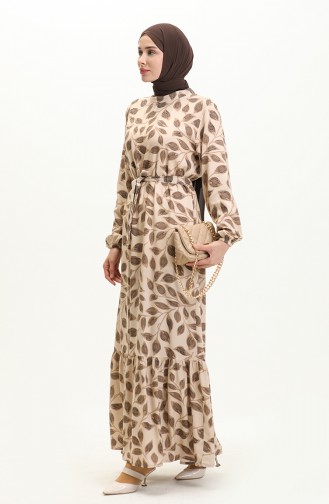 Leaf Print Belted Dress 0053-01 Mink 0053-01