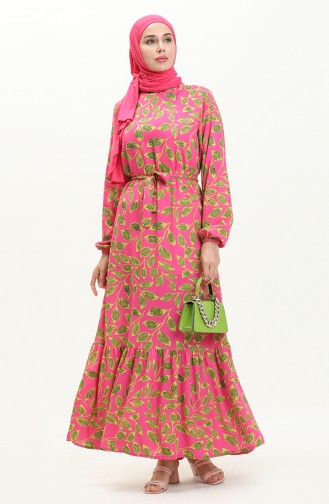 Blattgemustertes Kleid mit Gürtel 0053-02 Rosa 0053-02