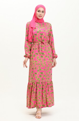 Blattgemustertes Kleid mit Gürtel 0053-02 Rosa 0053-02