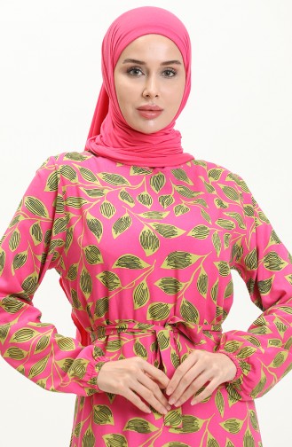 Blattgemustertes Kleid mit Gürtel 0053-02 Rosa 0053-02