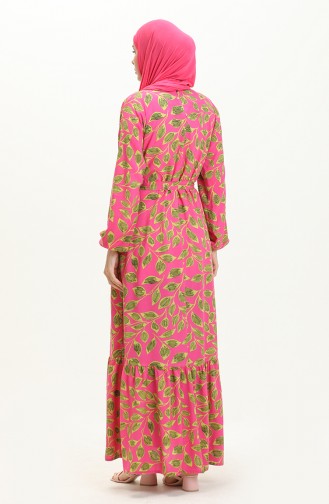 Blattgemustertes Kleid mit Gürtel 0053-02 Rosa 0053-02