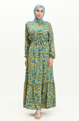 Leaf Pattern Belted Dress 0053-04 Petrol 0053-04