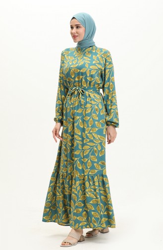 Leaf Pattern Belted Dress 0053-04 Petrol 0053-04