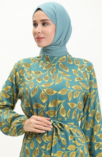 Leaf Pattern Belted Dress 0053-04 Petrol 0053-04