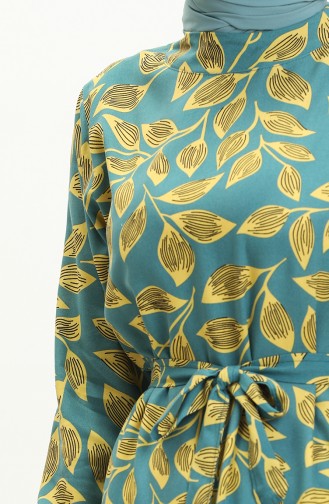 Robe Ceinturée à Motif de Feuilles 0053-04 Pétrole 0053-04