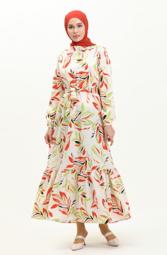 Patterned Linen Dress 0066-03 Cream Orange 0066-03