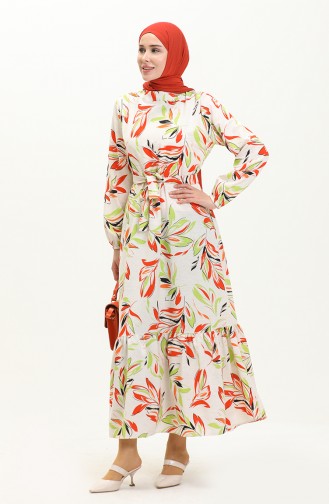 Patterned Linen Dress 0066-03 Cream Orange 0066-03