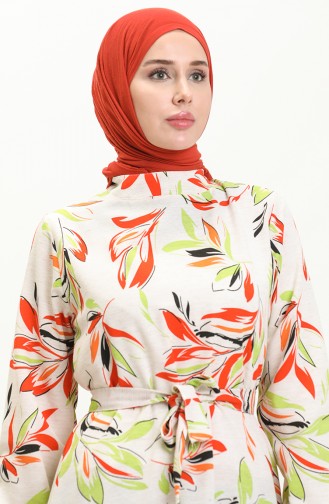 Patterned Linen Dress 0066-03 Cream Orange 0066-03