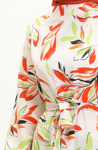 Patterned Linen Dress 0066-03 Cream Orange 0066-03