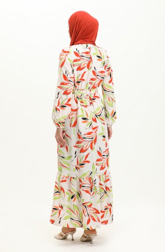 Patterned Linen Dress 0066-03 Cream Orange 0066-03