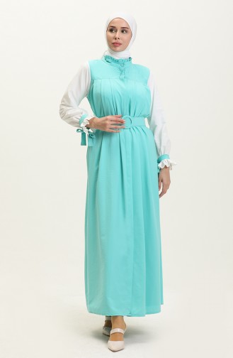 Farbig garniertes Kleid mit Gürtel 24Y9006-01 Mintgrün Weiß 24Y9006-01