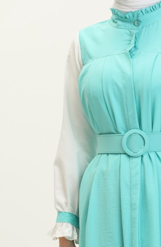 Farbig garniertes Kleid mit Gürtel 24Y9006-01 Mintgrün Weiß 24Y9006-01