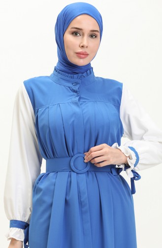 فستان لونين بحزام 24Y9006-02 أبيض أزرق 24Y9006-02