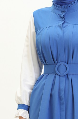 فستان لونين بحزام 24Y9006-02 أبيض أزرق 24Y9006-02