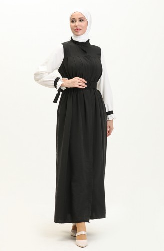 فستان لونين بحزام 24Y9006-03 أسود أبيض 24Y9006-03