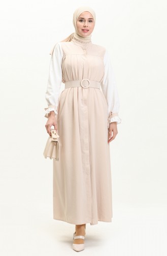 Color Garnished Belted Dress Dress 24Y9006-06 Beige white 24Y9006-06