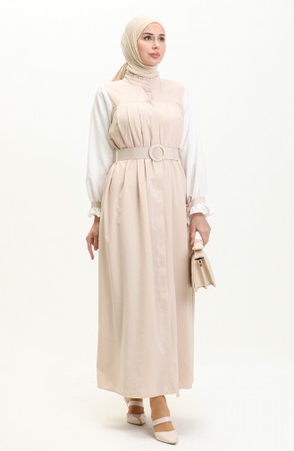 Color Garnished Belted Dress Dress 24Y9006-06 Beige white 24Y9006-06