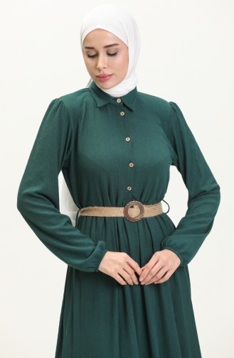 Bürümcük Kumaş Kemerli Elbise 4027-01 Zümrüt Yeşili