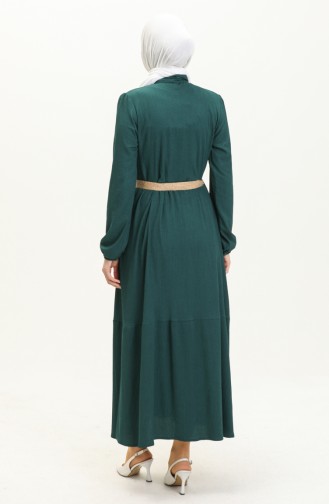 Bürümcük Kumaş Kemerli Elbise 4027-01 Zümrüt Yeşili