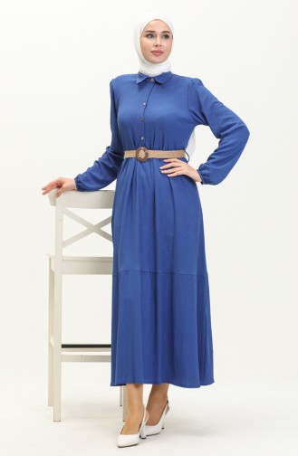 فستان مطاط الأكمام بحزام 4027-04  أزرق ملكي 4027-04