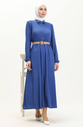 فستان مطاط الأكمام بحزام 4027-04  أزرق ملكي 4027-04