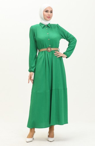 Bürümcük Kumaş Kemerli Elbise 4027-05 Yeşil