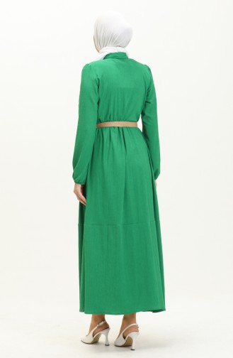Bürümcük Kumaş Kemerli Elbise 4027-05 Yeşil