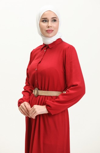 فستان مطاط الأكمام بحزام 4027-06  أحمر غامق 4027-06