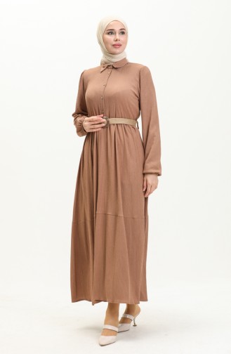 Crepe Fabric Belted Dress 4027-07 Milky Coffee 4027-07