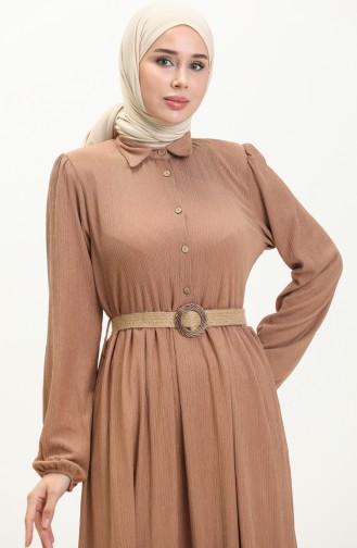 Crepe Fabric Belted Dress 4027-07 Milky Coffee 4027-07