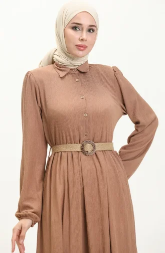 Bürümcük Kumaş Kemerli Elbise 4027-07 Sütlü kahve