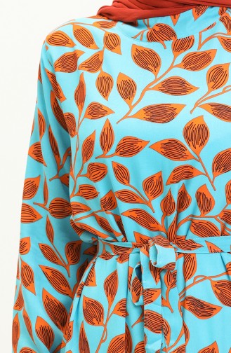 Leaf Patterned Belted Dress 0053-05 Turquoise 0053-05