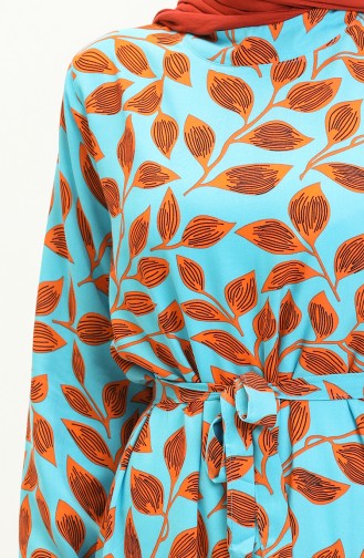 Robe Ceinturée à Motif de Feuilles 0053-05 Turquoise 0053-05