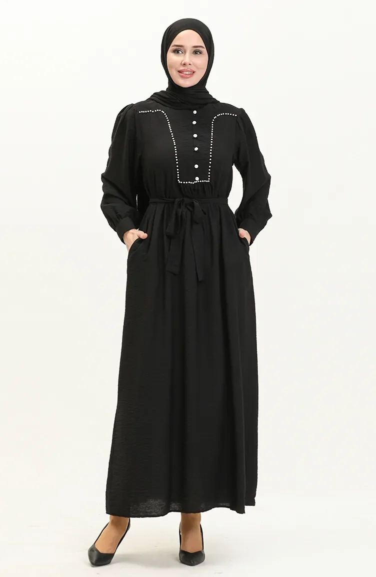 Robe Ceinturée Perlée 24Y9012-01 Noir 24Y9012-01