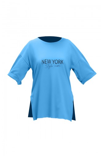 Baskılı Pamuklu Tshirt 20017-03 Mavi